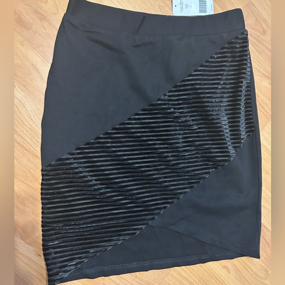 bebe NWT Black Asymmetrical Skirt with Velvet Stripes